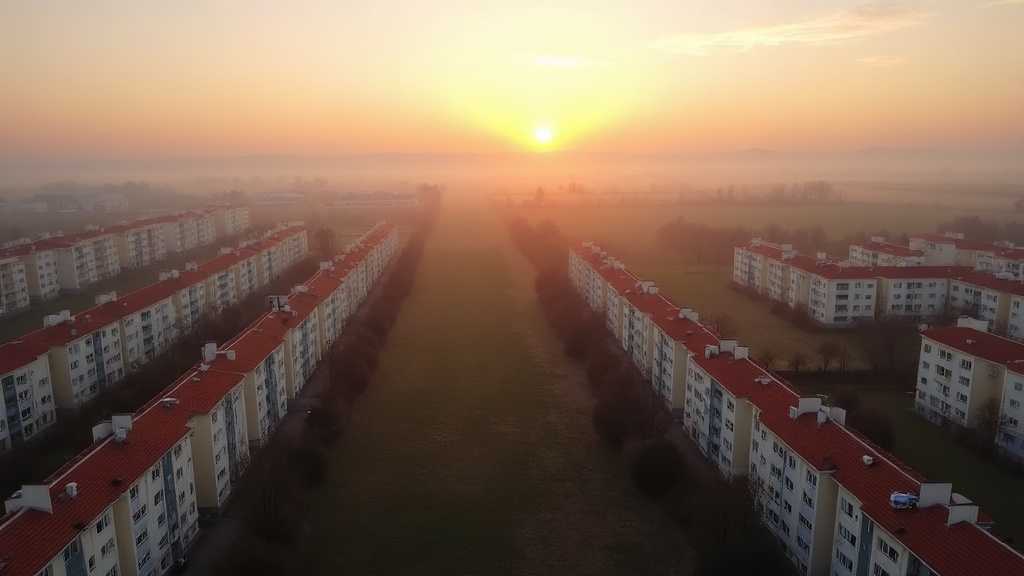 Luftaufnahme einer ruhigen deutschen Stadtlandschaft bei Morgenlicht